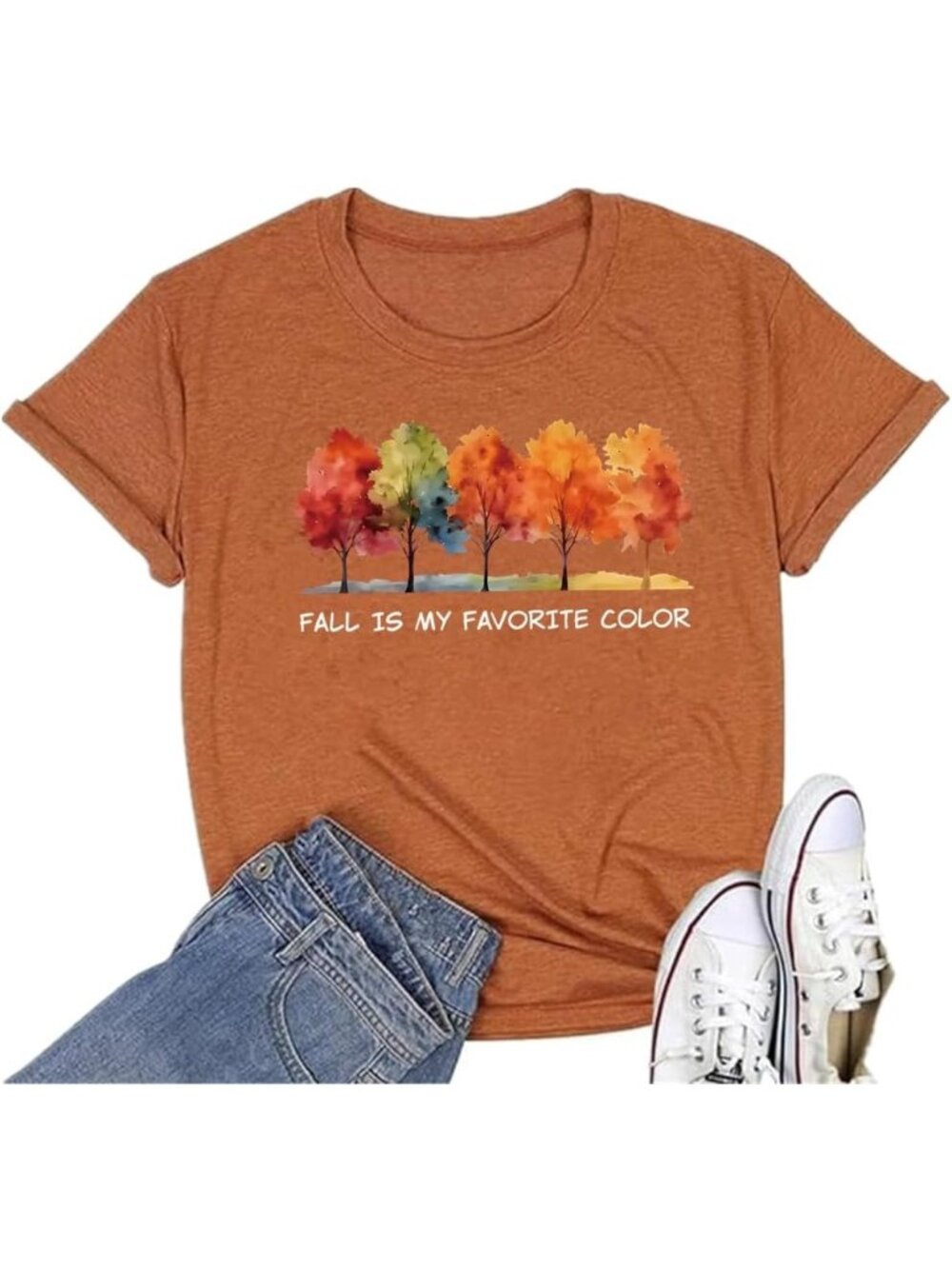 🆕 Women's Orange Fall Is My Favorite Color Trees Autumn Graphic Tee Shirt